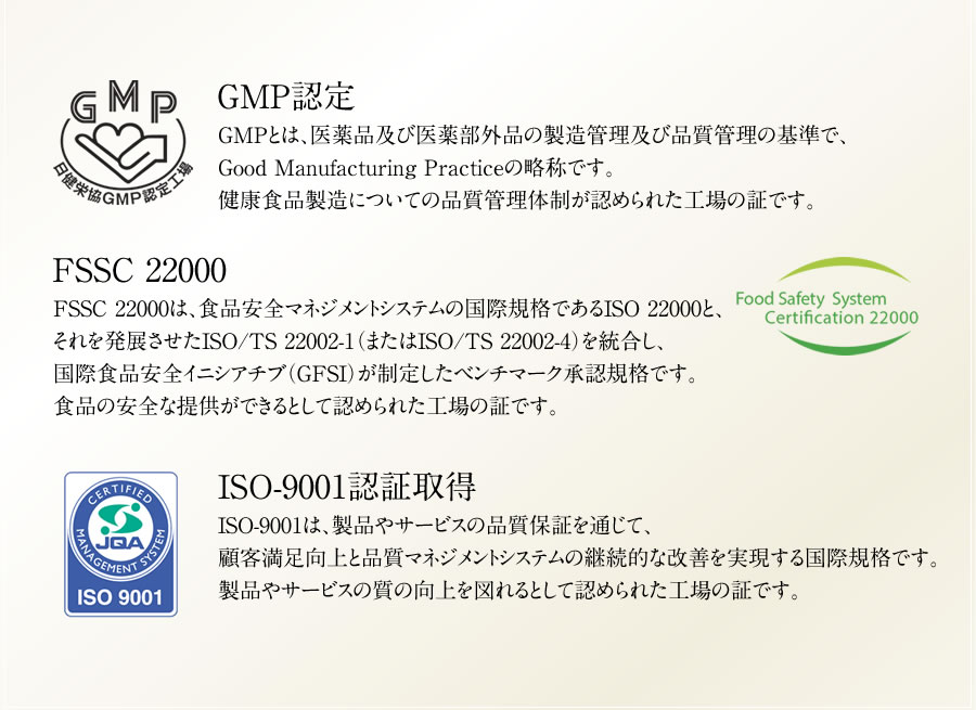 GMP認定、FSSC22000、ISO-9001認証取得